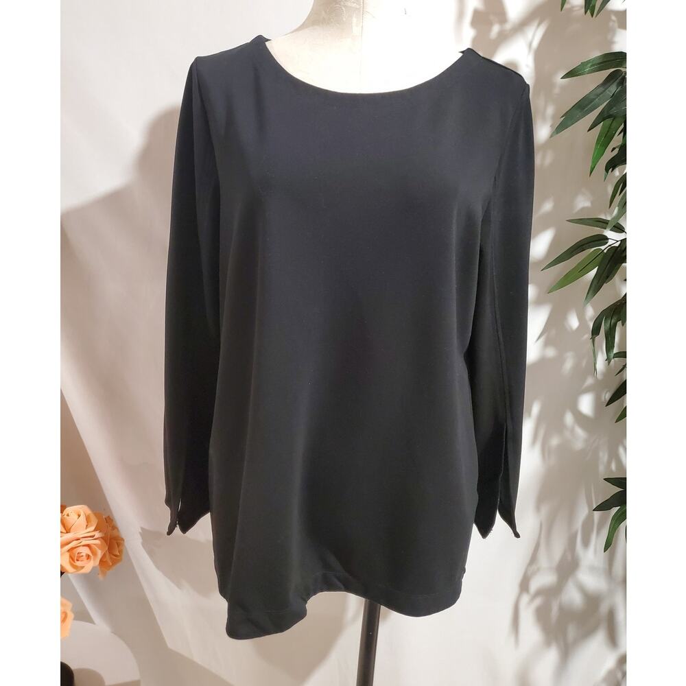 Chicos Womens Long Split Sleeve Tunic Top Size 2 US L Black Minimalist Office